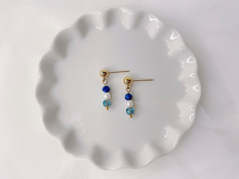藍色糰子 || 捷克珠耳環 - 耳環/耳夾/耳骨夾 - 珍珠 藍色