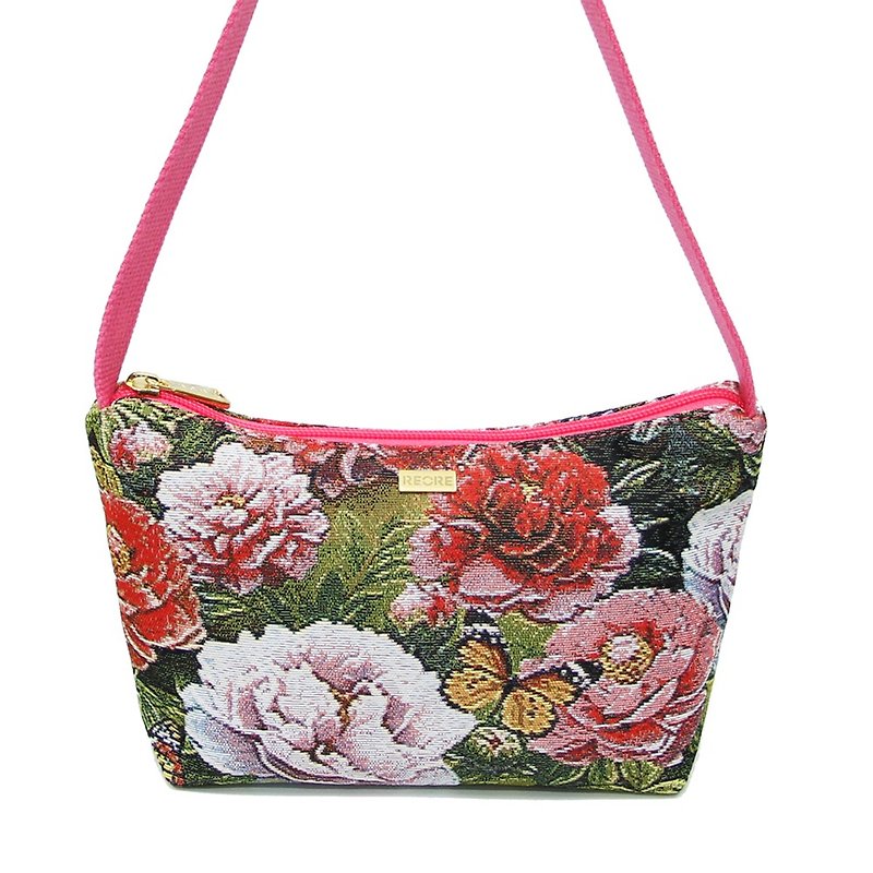 Retro texture painting Peony Jacquard crescent shoulder bag pink -REORE - กระเป๋าคลัทช์ - วัสดุอื่นๆ หลากหลายสี