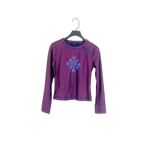 蘿綺莉蕾芭索 二手 紫藍 閃耀 輕薄 彈性 印花 肩排釦 合身 長袖 上衣 PF417