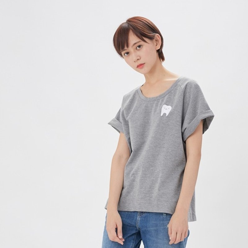 French Terry wide T-shirt good teeth Embroidery badge - Women's T-Shirts - Cotton & Hemp Gray