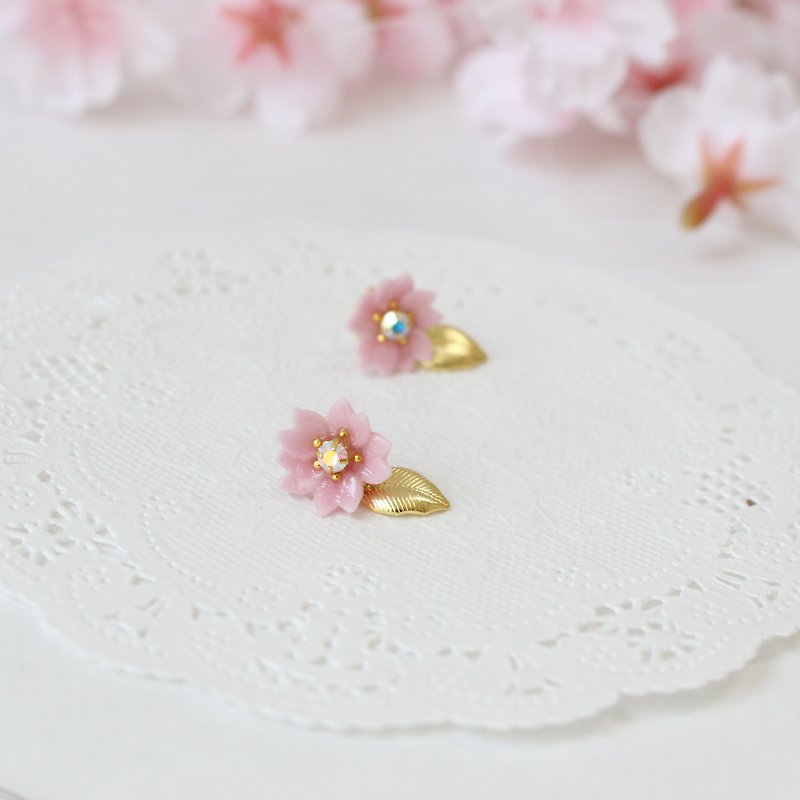 Sakura, leaf and bijou earrings - Earrings & Clip-ons - Clay Pink