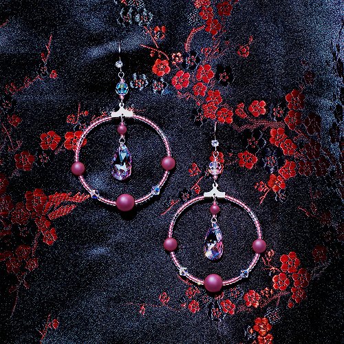 ADORN & FANCY 【穠華】圓圈紅珍珠水滴水晶耳環 新年 純銀抗過敏耳環 情人節禮