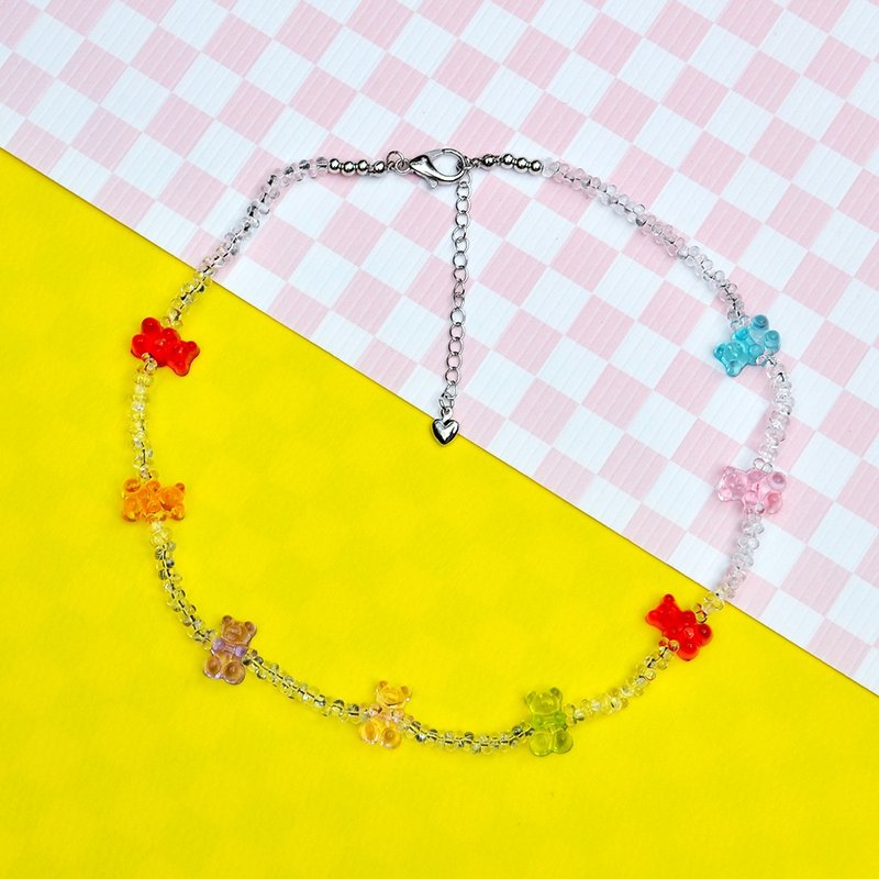 Mini Transparent Peanut Bead Gummy Bear Necklace - สร้อยคอ - แก้ว 