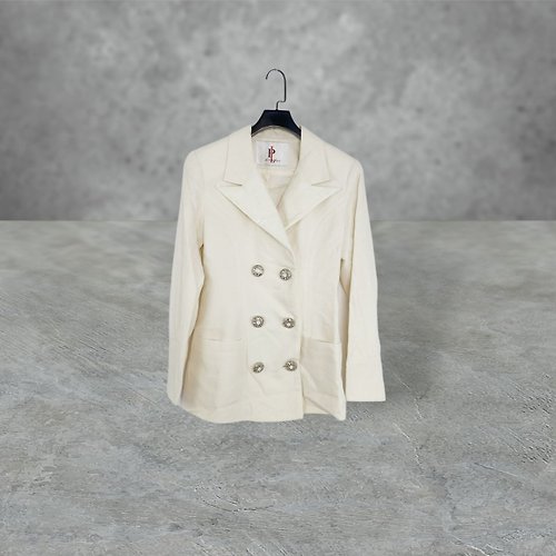 蘿綺莉蕾芭索 米白色 薄毛料 拼接絨面領 口袋 雙排釦 腰身 外套 大衣 OPME16