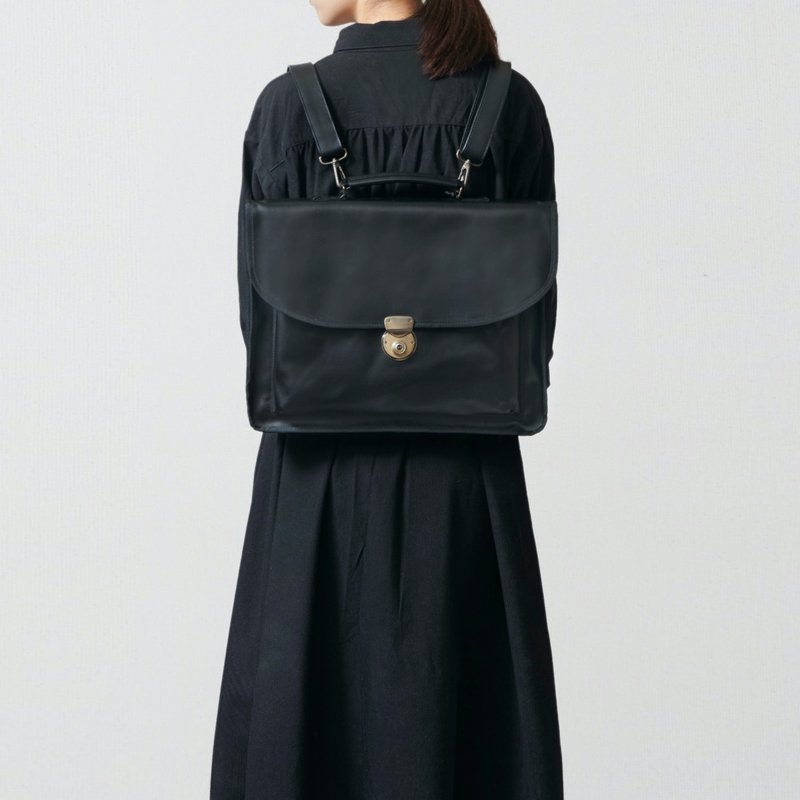 【olden  black】バックパック/ショルダーバッグ/2way/ラミネートキャンバス/持ち手レザー/シンプル/クラシック/学生カバン - 側背包/斜背包 - 棉．麻 黑色