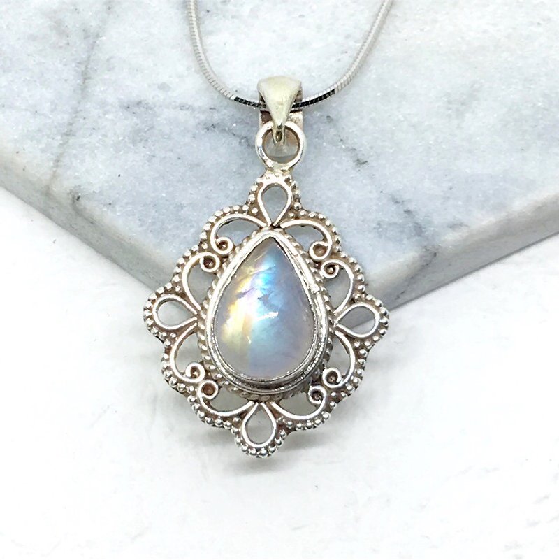 月光石925純銀蕾絲花邊設計項鍊 尼泊爾手工鑲嵌製作 - 項鍊 - 寶石 藍色