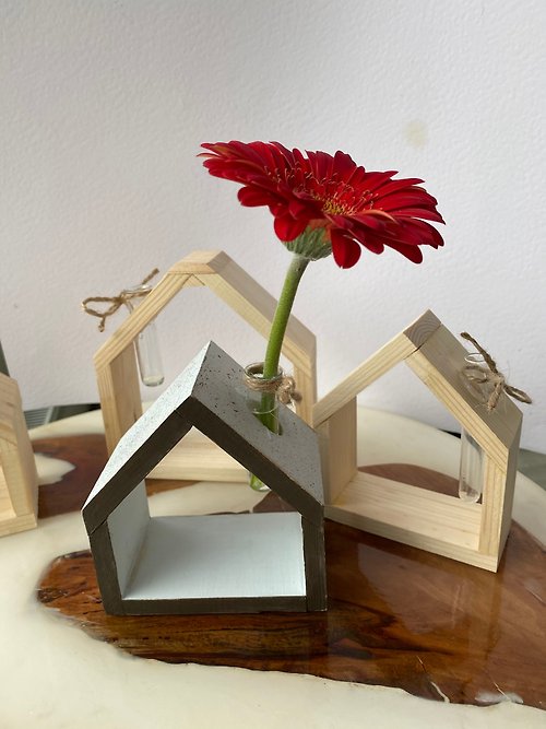 Village Story Mini Wooden House Vase Minimalist Decor, Glass Flower Vase