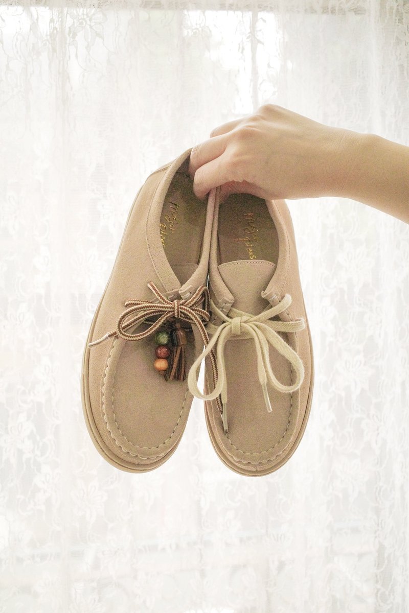 防水皮革! 溜溜秋秋厚底袋鼠鞋 雙鞋帶 米白 MIT 全真皮-燕麥色 - 女休閒鞋/帆布鞋 - 真皮 卡其色