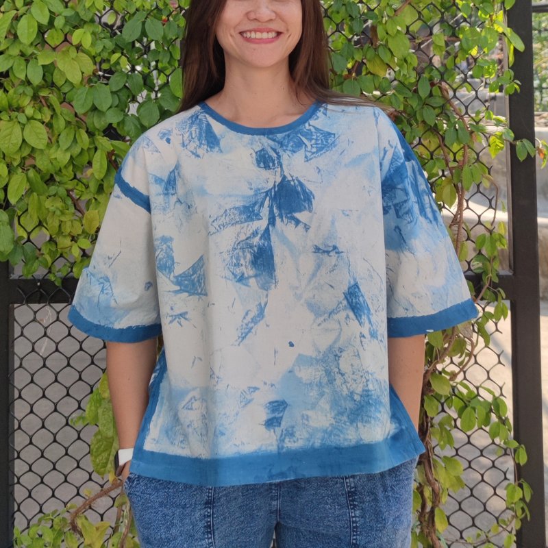 Marble Indigo Crop Top - 女上衣/長袖上衣 - 棉．麻 藍色