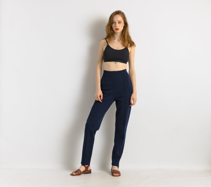 Vintage Dark Blue High Waisted Woman Wool Fall 100% Wool Pants 7823 - 女長褲 - 羊毛 藍色