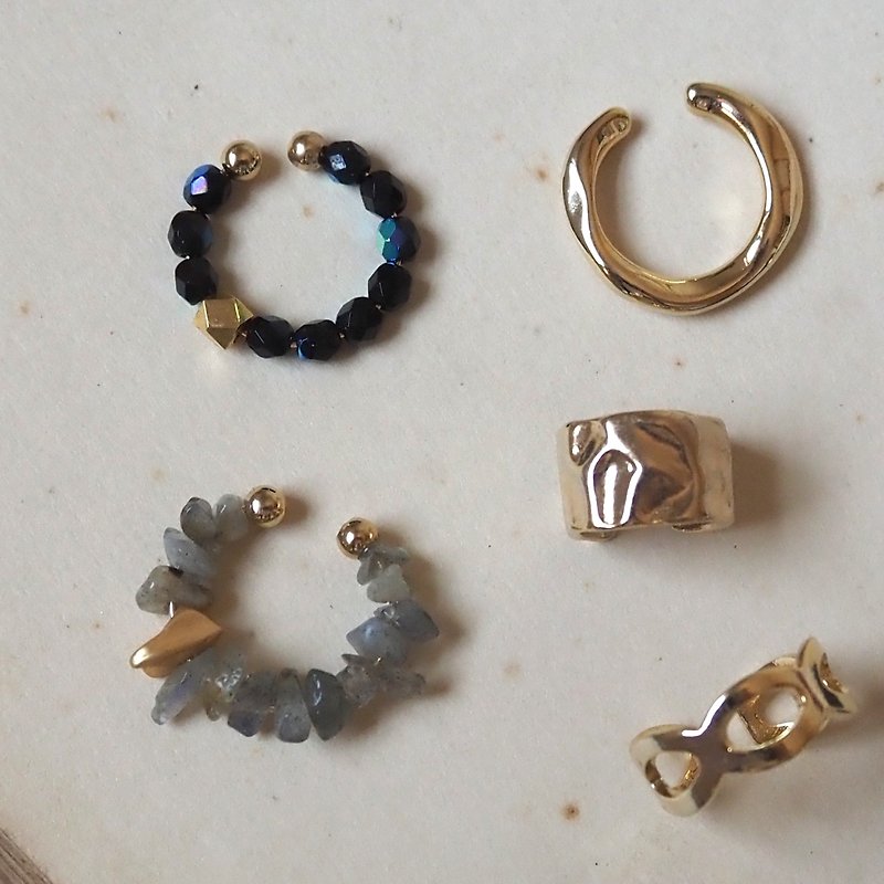 \ Advantageous / Ear Cuff 3set | Natural Stone Labradorite / Czech Beads / Gold to Choose --EC-Set7-1 - Earrings & Clip-ons - Semi-Precious Stones Gray