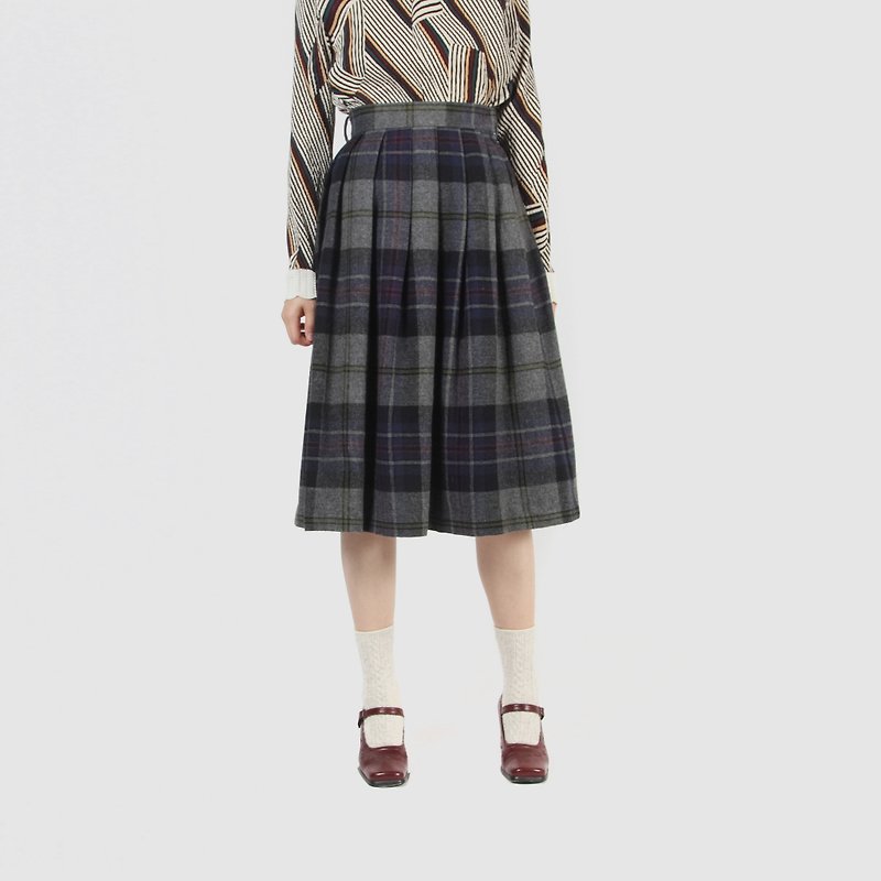 [Egg plant ancient] gray plaid wool vintage pleated skirt - Skirts - Wool Gray
