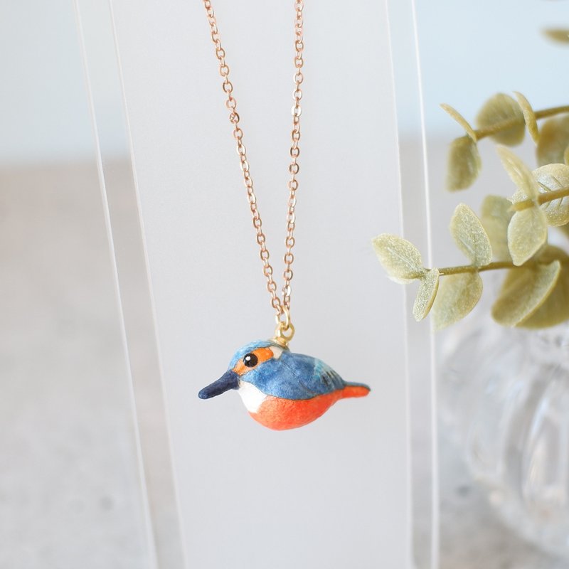 Washi paper accessory necklace kingfisher wild bird - สร้อยคอ - วัสดุอื่นๆ สีน้ำเงิน