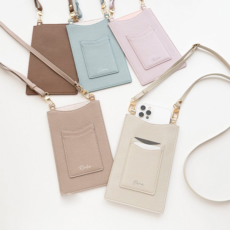 Smartphone Pochette with Card Pockets 【Simple Personalization】 Smartphone Shoulder Bag, Smartphone Pouch, Pochette, Shoulder Bag, Gift HE60U - กระเป๋าแมสเซนเจอร์ - หนังแท้ สึชมพู