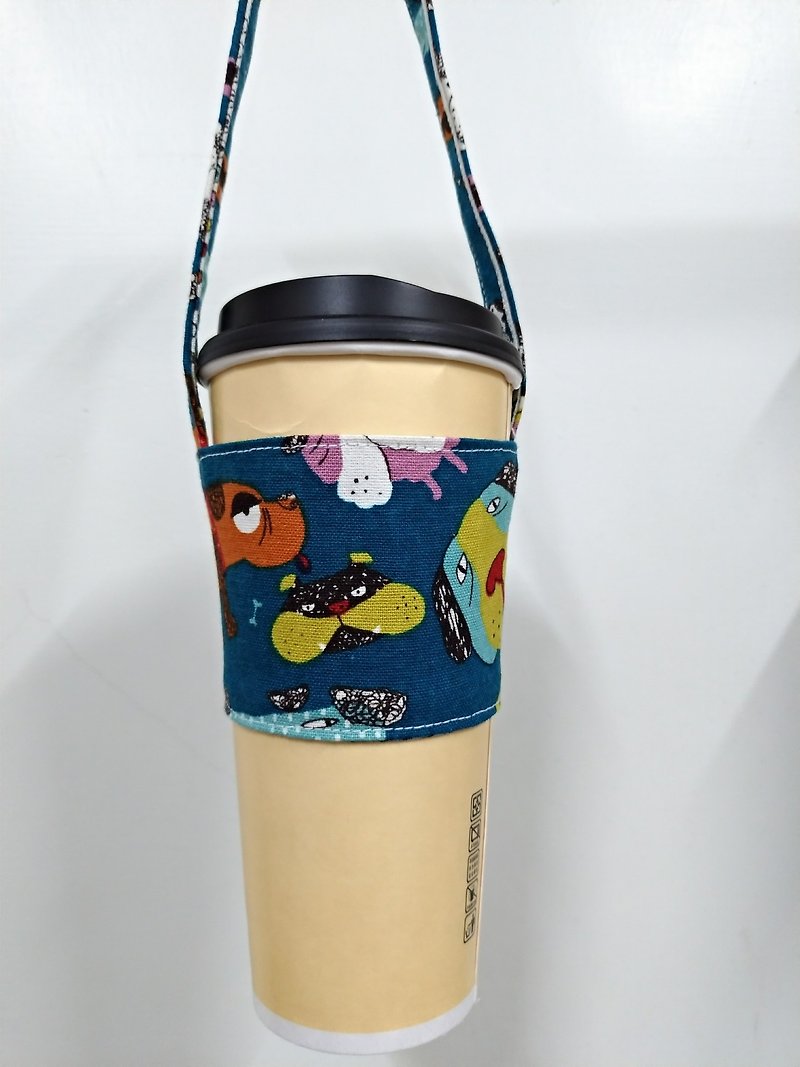 Drink Cup Set Eco Cup Set Hand Drink Bag Coffee Bag Tote Bag - Dog (Teal Bottom) - ถุงใส่กระติกนำ้ - ผ้าฝ้าย/ผ้าลินิน 