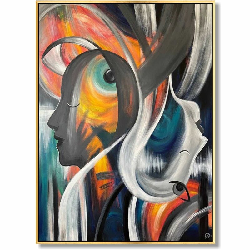Large Figurative Abstract Faces Painting in Custom Size Art for Living Room - 壁貼/牆壁裝飾 - 壓克力 多色