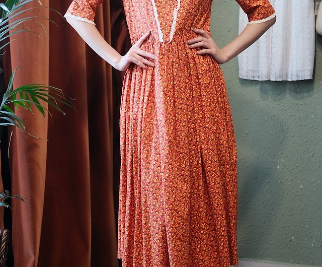 ヴィンテージドレス アメリカ製 オレンジ小花柄 プレーリースカート