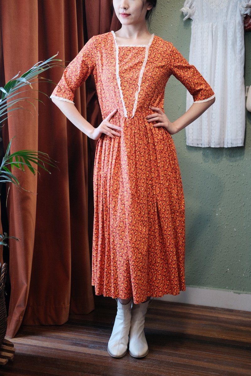 Vintage dress美國制橘色小碎花草原裙連衣裙古著 - 洋裝/連身裙 - 棉．麻 