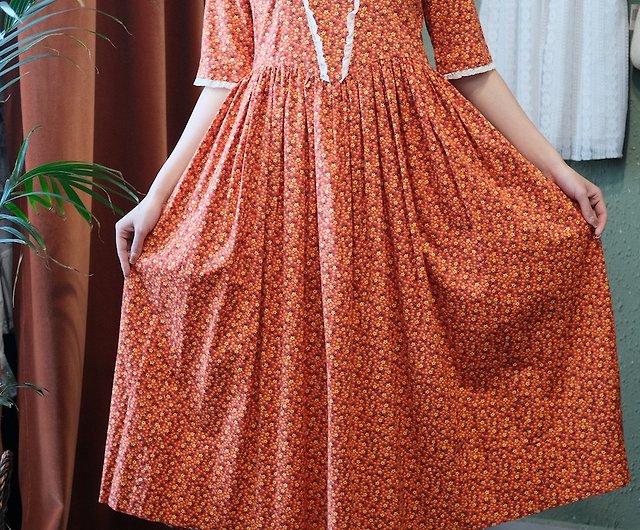 ヴィンテージドレス アメリカ製 オレンジ小花柄 プレーリー