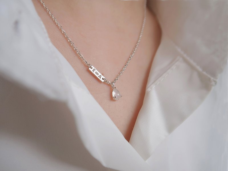925 sterling silver water drop moonstone natural stone customized engraving necklace clavicle chain long chain - Necklaces - Sterling Silver Gray