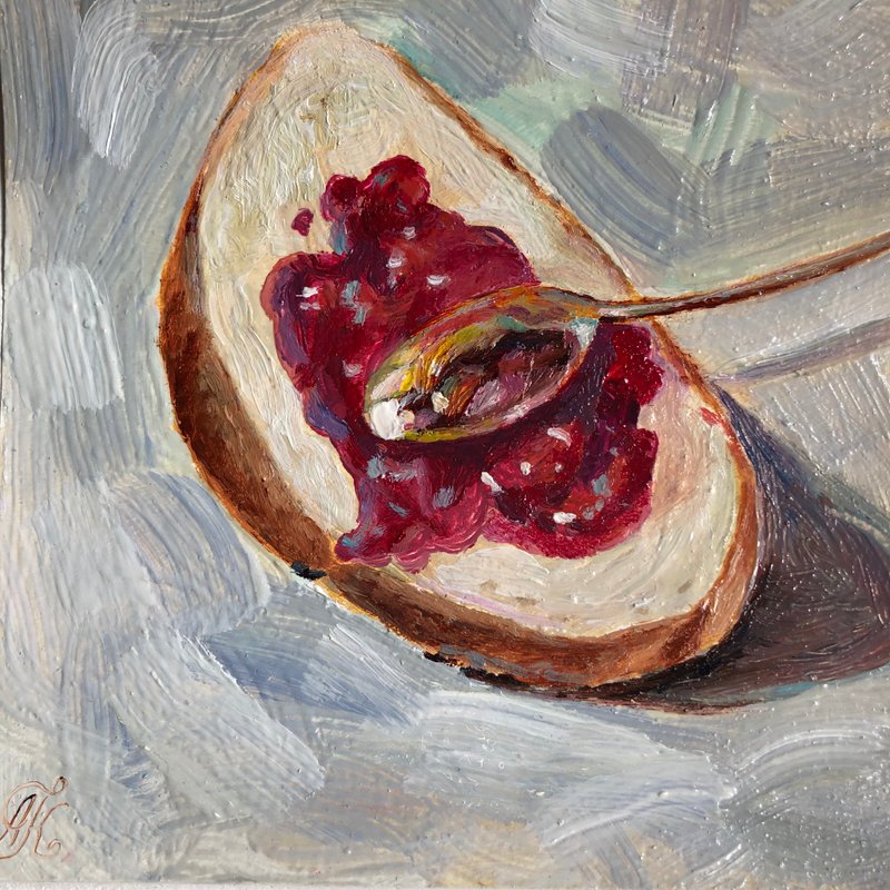 Bun with jam food art original oil painting wall art handmade 6 x 6 inches - 壁貼/牆壁裝飾 - 其他材質 多色