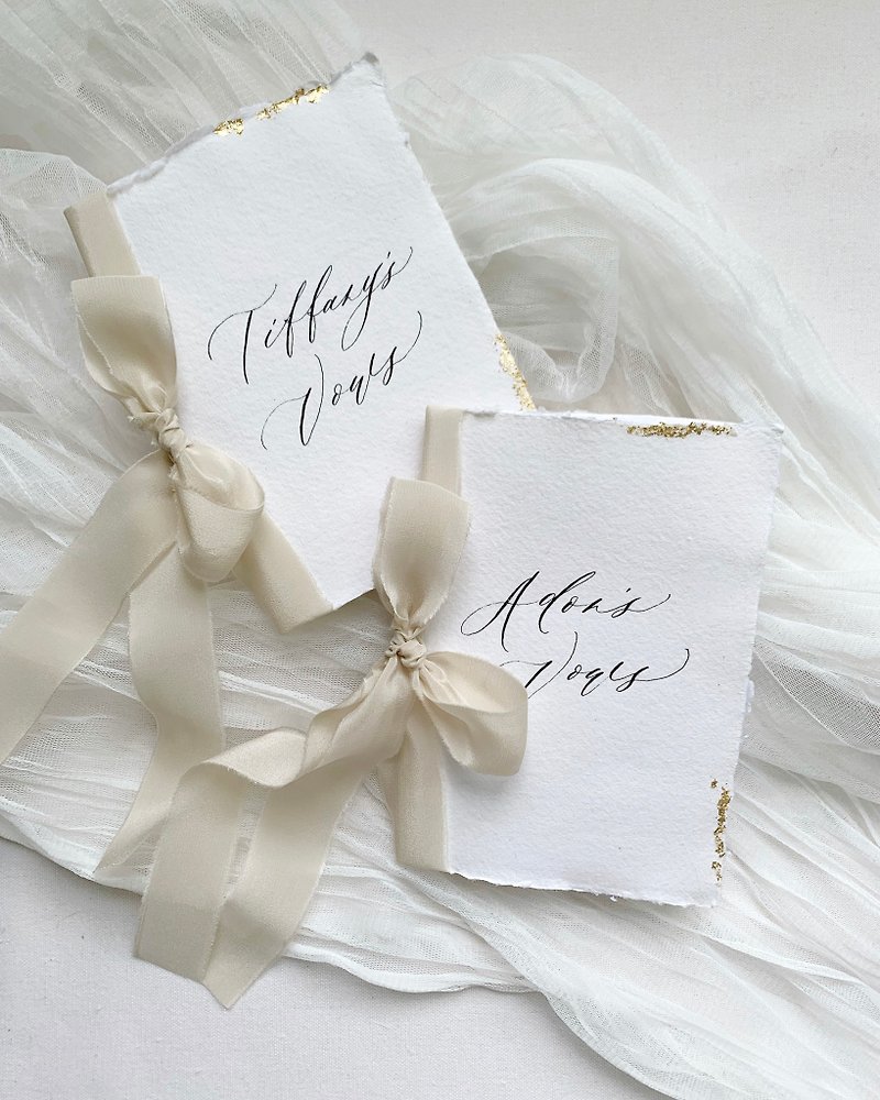 【Customized】Silk Ribbon Handwritten Wedding Gold Foil Vow Book - Marriage Contracts - Paper 