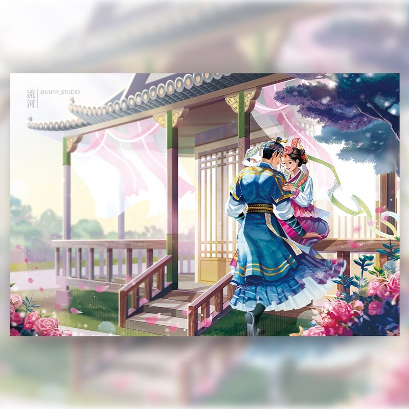 love of peony husband and wife - girl Korean Hanbok illustrated postcard (uha) - 卡片/明信片 - 紙 多色