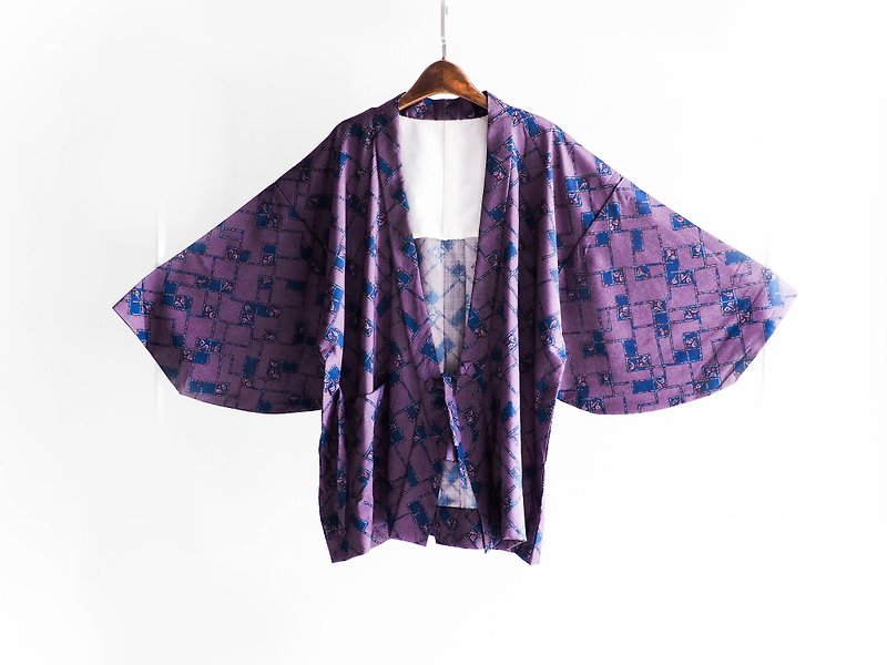 River Hill - Star indigo purple checkered maze interesting antique Japanese kimono coat very flat feather woven vintage kimono - เสื้อแจ็คเก็ต - ผ้าฝ้าย/ผ้าลินิน สีม่วง