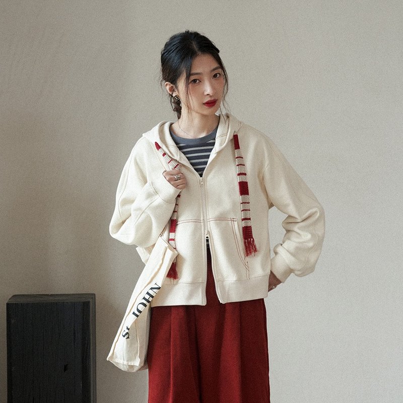 撞色帽繩連帽衛衣|外套|上衣|春款|Sora-1460 - 女大衣/外套 - 棉．麻 