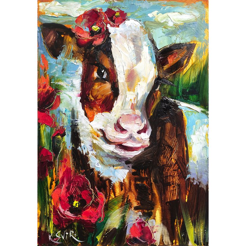 Cow Painting Farm Animal Original Art Oil Painting Impasto Artwork - 海報/掛畫/掛布 - 其他材質 多色