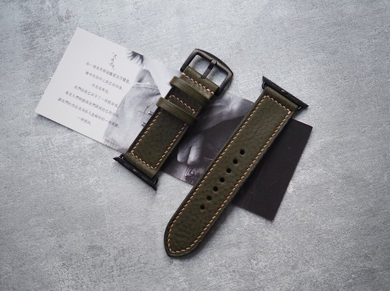 純手工牛皮摔紋橄欖綠蘋果Applewatch錶帶 顏色款式可客製化 訂製 - 錶帶 - 真皮 綠色