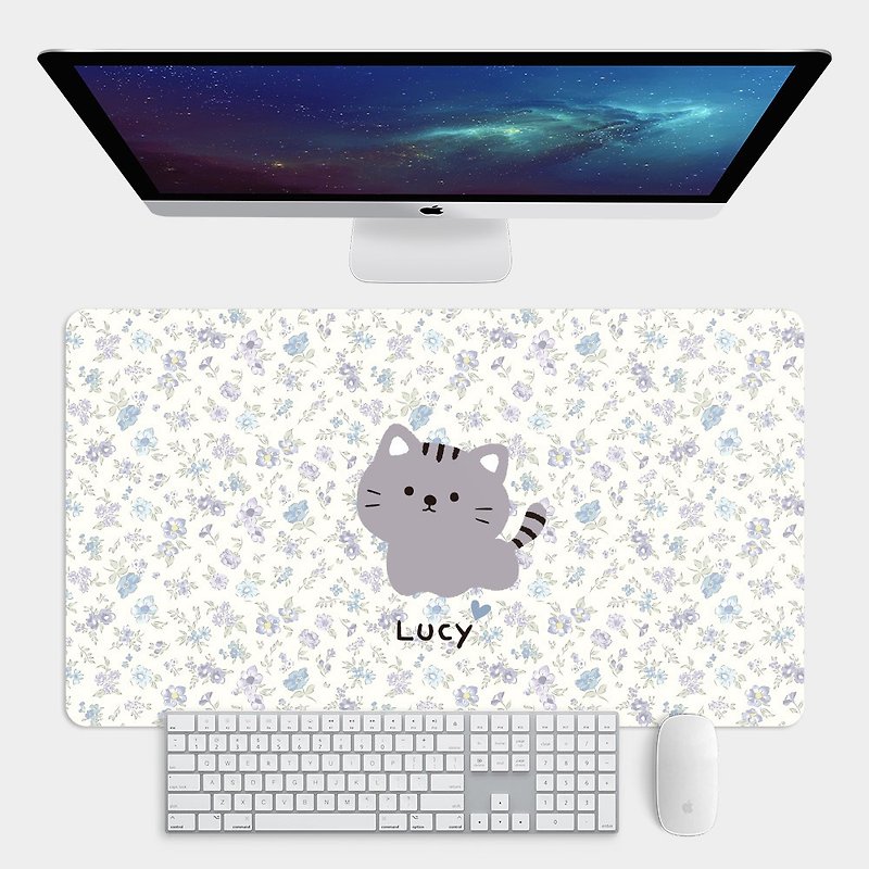 Customized text cat full version floral large size mouse pad table mat desk pad PU064 - แผ่นรองเมาส์ - ยาง สีม่วง