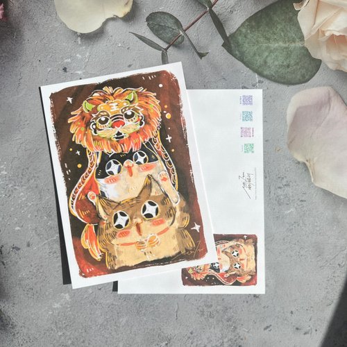 梅刺插畫設計工作室 新年貓咪舞獅明信片