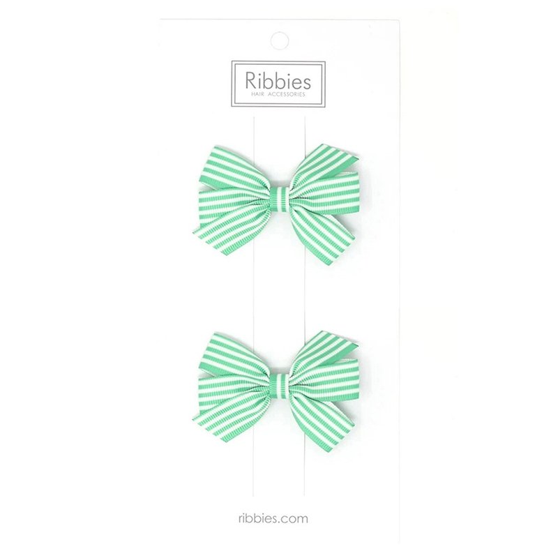 英國Ribbies 條紋中蝴蝶結2入組-湖水綠 - 髮夾/髮圈 - 聚酯纖維 