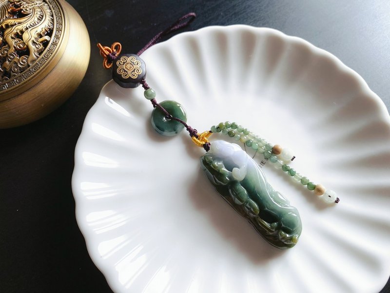 天然緬甸玉 翡翠 螭龍 平安扣 如意 一葉致富 發財 包掛 禮物 - 手機掛繩/背帶 - 玉石 綠色
