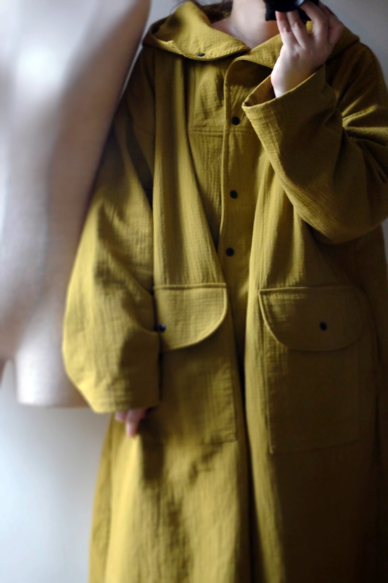 Mustard yellow green cape wide long sleeve hooded long coat - Women's Tops - Cotton & Hemp Yellow