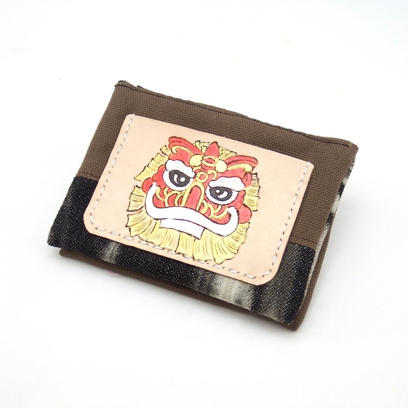 革と布の財布のQバージョンの平和縁起のライオン - 小銭入れ - 革 ブラウン