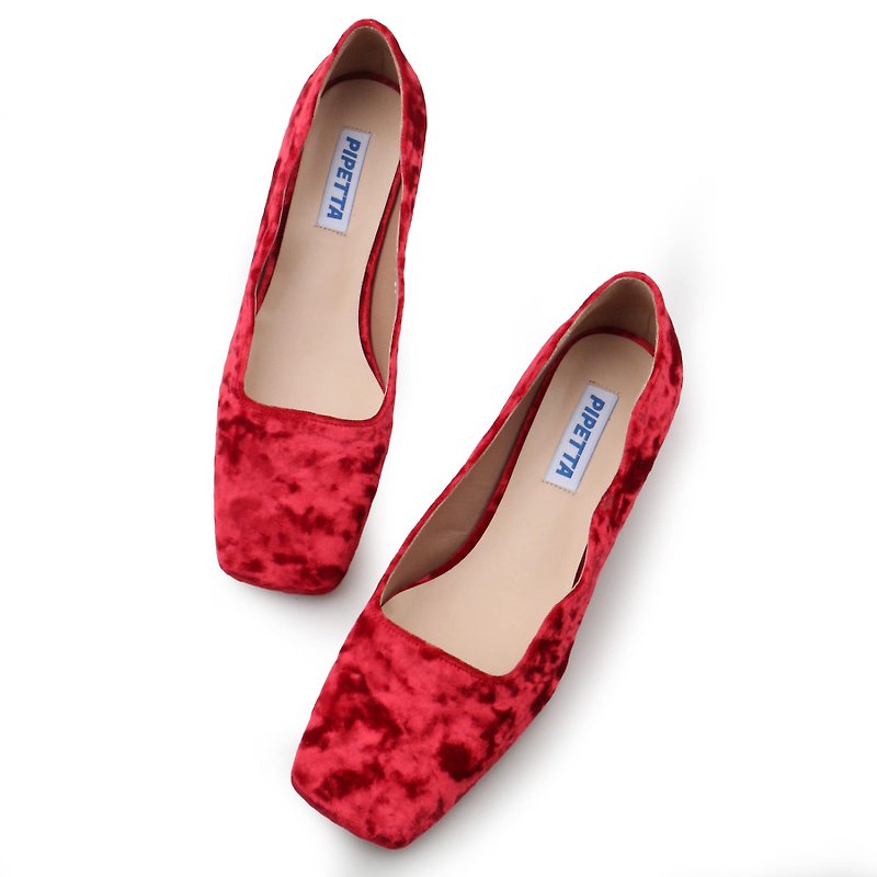 Ella Mirror Wave Velvet Pumps Red - 女休閒鞋/帆布鞋 - 其他材質 紅色