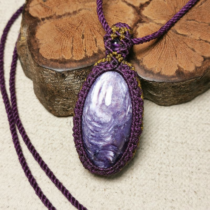 Dragon pattern purple dragon crystal large barrel beads / can be rotated- Wax thread weaving / totem bag frame design / necklace can be adjusted in length - สร้อยคอ - เครื่องประดับพลอย สีม่วง