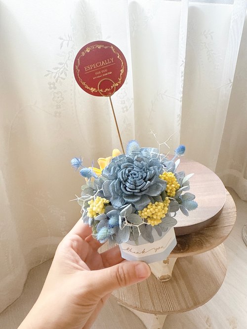 小巷莫兒 桌上型 名片夾 卡片夾擴香盆 永生花 藍色+小黃跳色