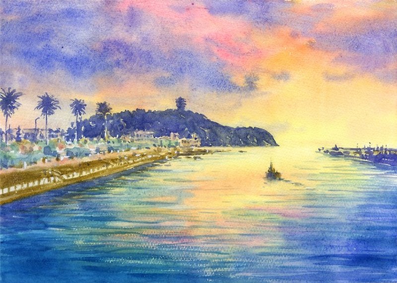 Watercolor Enoshima dyed in the sunset - Posters - Paper Pink