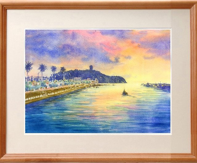 水彩画原画　湘南の夕日・江の島 水彩画原画 湘南の夕日・江の島 ＃652 | iichi 日々の暮らしを