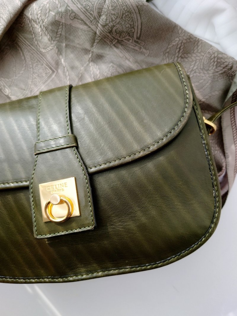 中古包 CELINE 軍綠橄欖綠金圓扣馬鞍包單肩包斜背包斜揹包斜挎包 - 側背包/斜背包 - 真皮 綠色