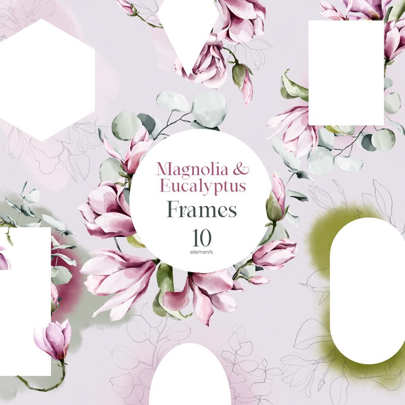 Magnolia & Eucalyptus. Watercolor floral frames, botanical clipart - 電子似顏繪/繪畫/插畫 - 其他材質 