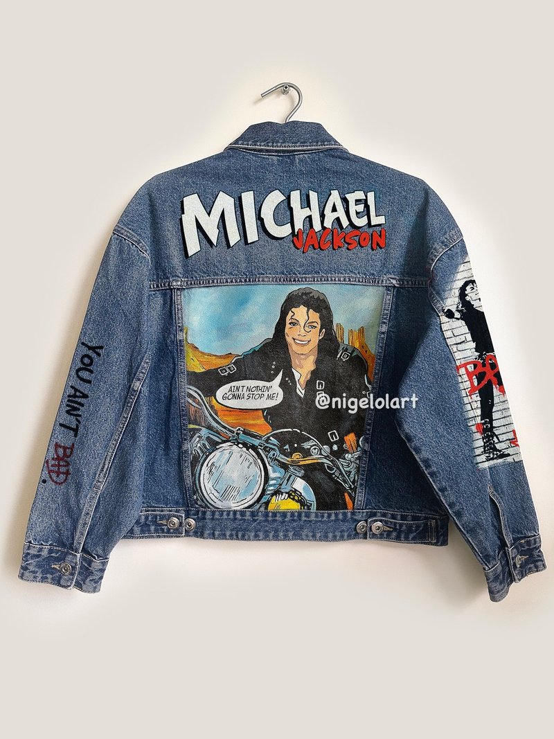 Painted Denim Jacket King of pop Michael Jackson Custom jacket blue jean comics - 女大衣/外套 - 棉．麻 藍色