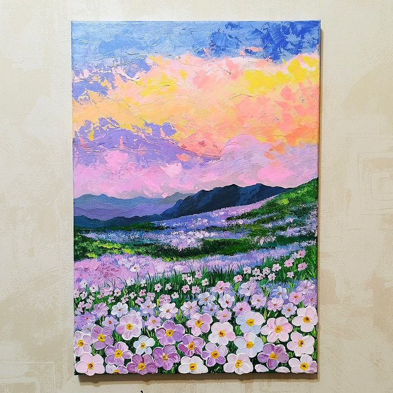 Acrylic painting Landscape Sunset Art Flower field Textured Wall Decoration - 壁貼/牆壁裝飾 - 壓克力 多色