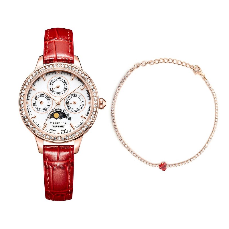 Multi-Fun Crystal Leather Watch with Silver Crystal Heart Bracelet Set - นาฬิกาผู้หญิง - โลหะ หลากหลายสี