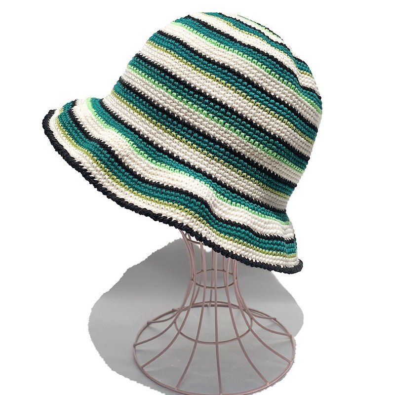 [Crochet Hat] Multi-border crochet hat GREEN series - หมวก - ผ้าฝ้าย/ผ้าลินิน สีเขียว