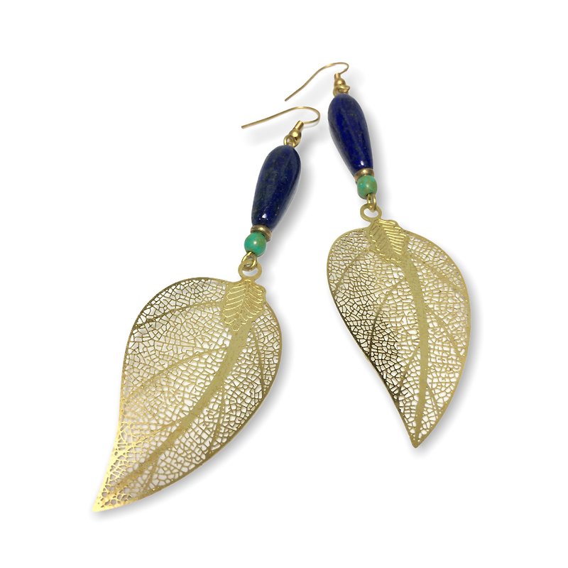 Lapis Lazuri stone drop earrings with perforate leaf brass - Earrings & Clip-ons - Stone Blue