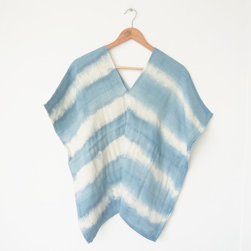 Karen tunic / Indigo almost stripe square shirt - เสื้อผู้หญิง - ผ้าฝ้าย/ผ้าลินิน สีน้ำเงิน